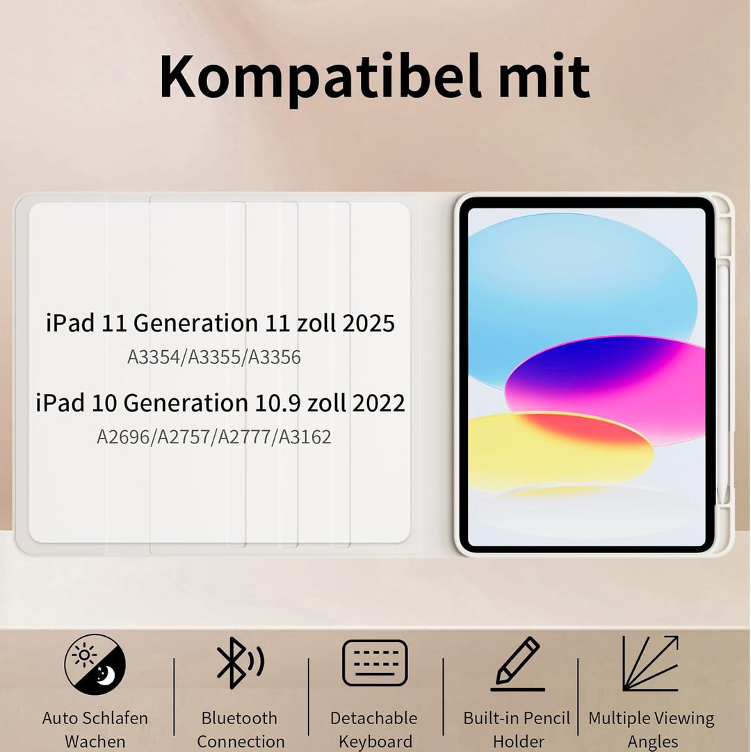 Hülle mit Tastatur für iPad A16 11 Generation 2025/10 Generation 2022 (11/10.9 Zoll) 7 Farben Beleuc
