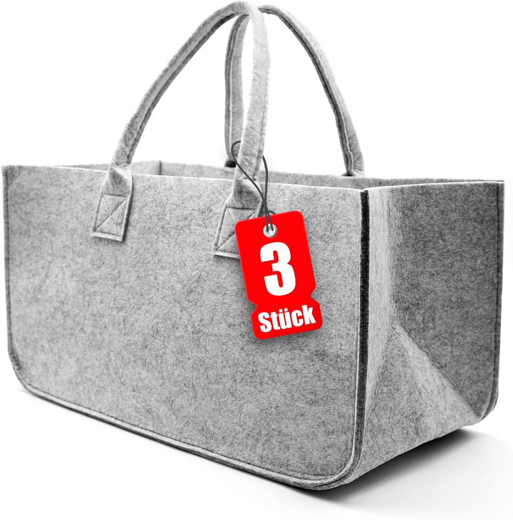 BigDean 3 Stück Filztasche gross in Hellgrau für Kaminholz oder als Shopper verwendbar – Kaminholzko