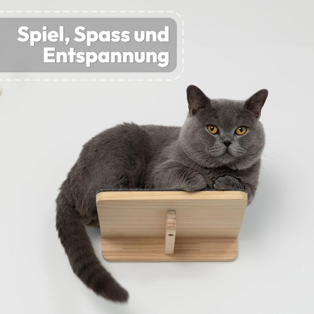 Katzen Wand-Hängematten Set – 1 Hängematte & 2 Plattformen aus Massivholz & Sisal Wandmontiertes Kat