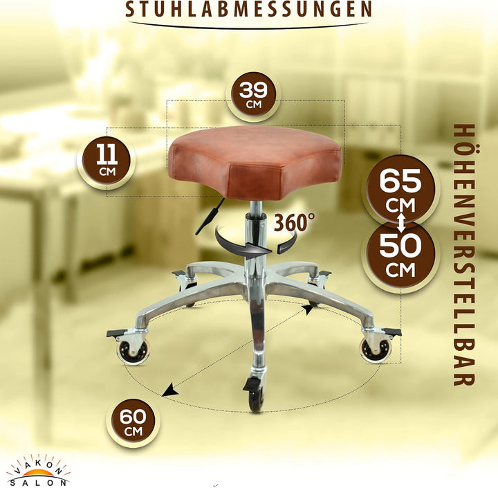 Ergonomischer Rollhocker in Hellbraun - Premium Rollen mit Bremse - Höhenverstellbarer von 50-65 cm