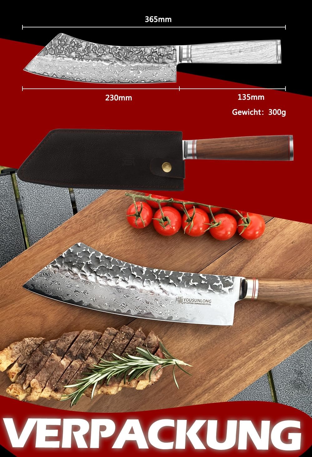 YOUSUNLONG Fleischbratenmesser Brechmesser 9 Zoll (22,86 cm) Gehämmerter Damaststahl Japanisch VG10