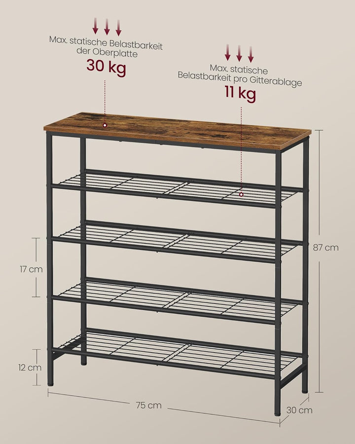VASAGLE Schuhbank, Schuhregal, Schuhaufbewahrung, Flur, Wohnzimmer, Schlafzimmer, Metallgestell, 5 E