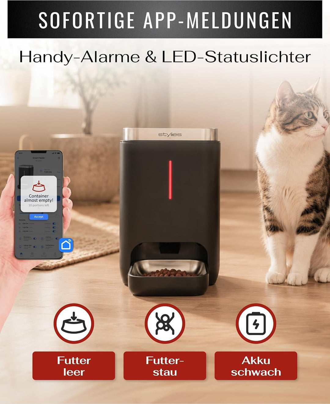 Futterautomat Katze 4,5L mit WiFi & App, Katzenfutter Automat für Trockenfutter, Edelstahlnapf, bis