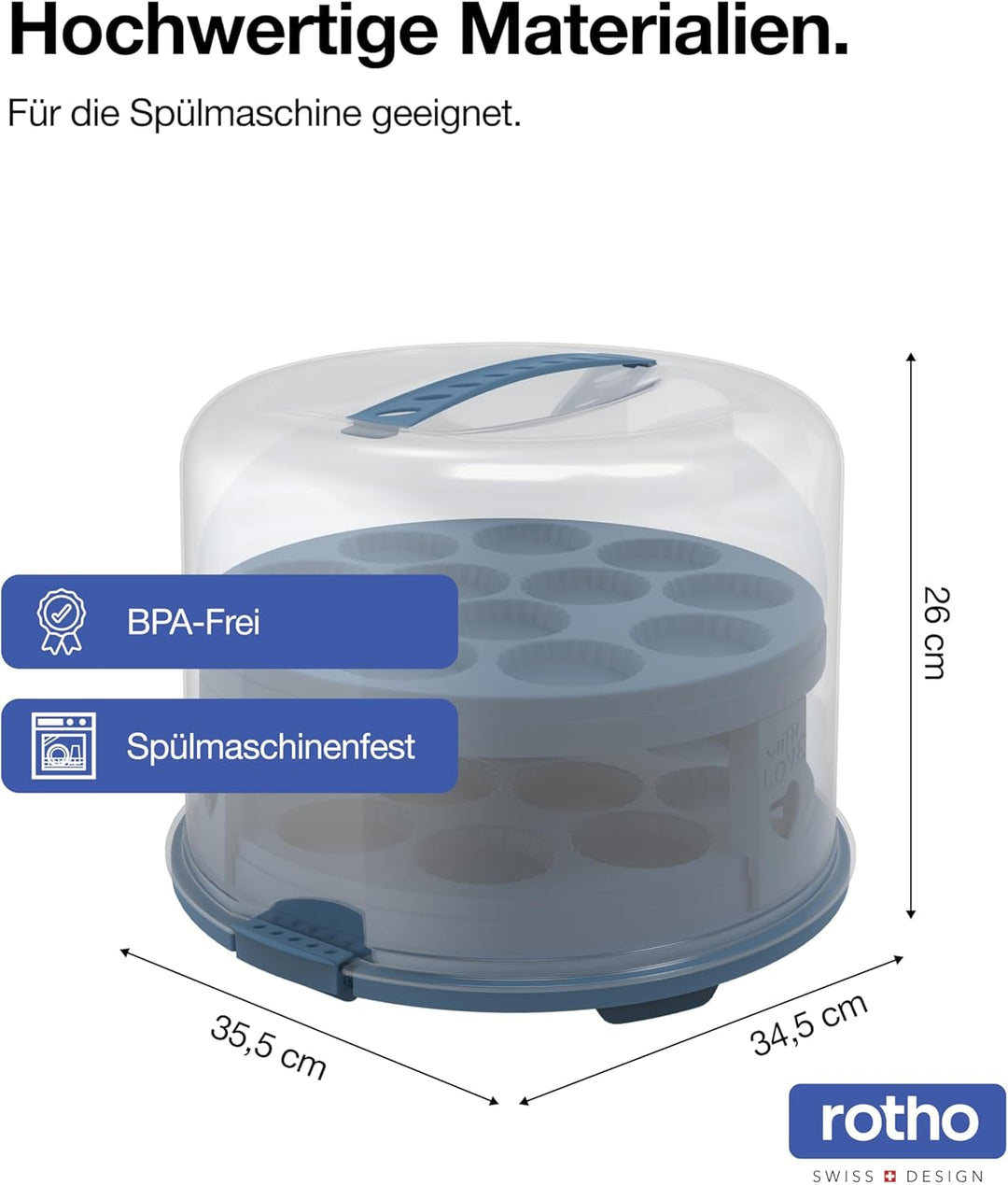 Rotho Fresh Tortenglocke hoch mit Trays, lebensmittelechter Kunststoff (PP) BPA-frei, blau/transpare