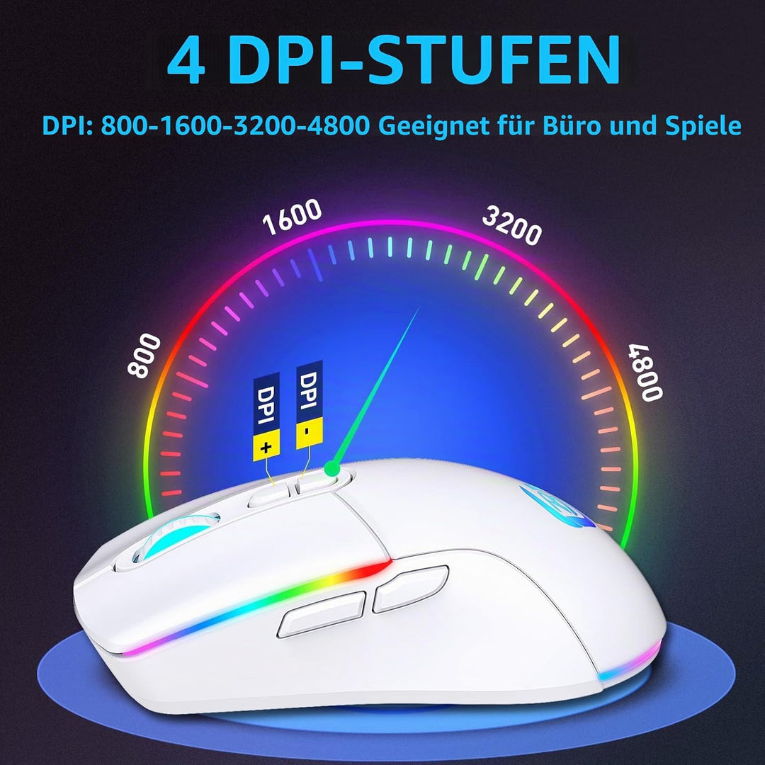 Kabellose Gaming Maus, Dual Mode 2.4GHz/Bluetooth 5.1 Maus Gaming, RGB LED Hintergrundbeleuchtung, E