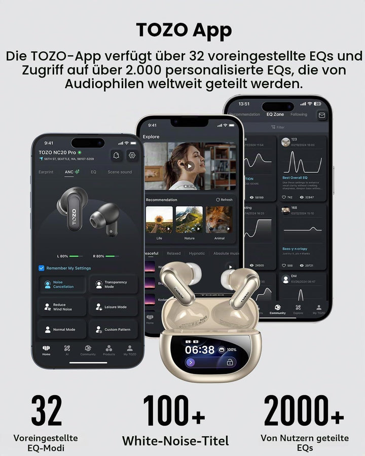 TOZO NC20 Pro Kabellose Bluetooth Kopfhörer mit Smart-Touchscreen, Adaptive Aktive Geräuschunterdrüc