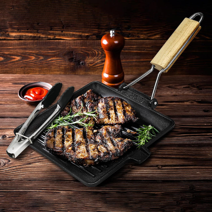 Steakpfanne Gusseisen,20x20cm Grillpfanne mit Klappbarem Holzgriff und Lebensmittelclips,Klappbarer