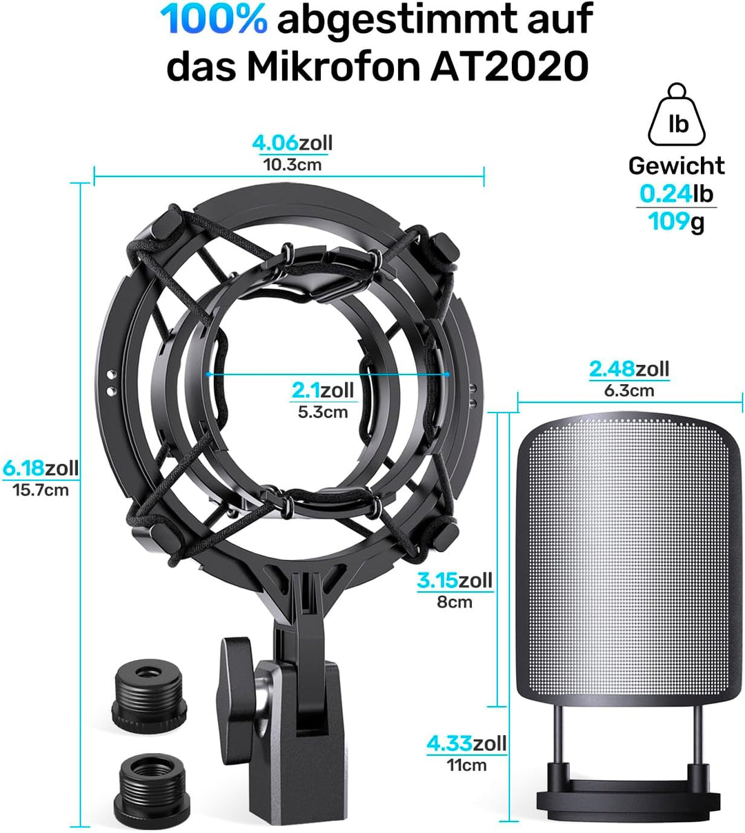 AT2020 Microphone Shock Mount Mikrofon-Stossdämpferhalterung mit Metall-Popfilter Anti-Vibrations-Au