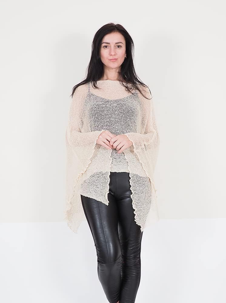 Damen Häkelspitze strecken Fisch-Netz Batwing Poncho Einheitsgrösse Grosse Grössen Cream, Einheitsgr