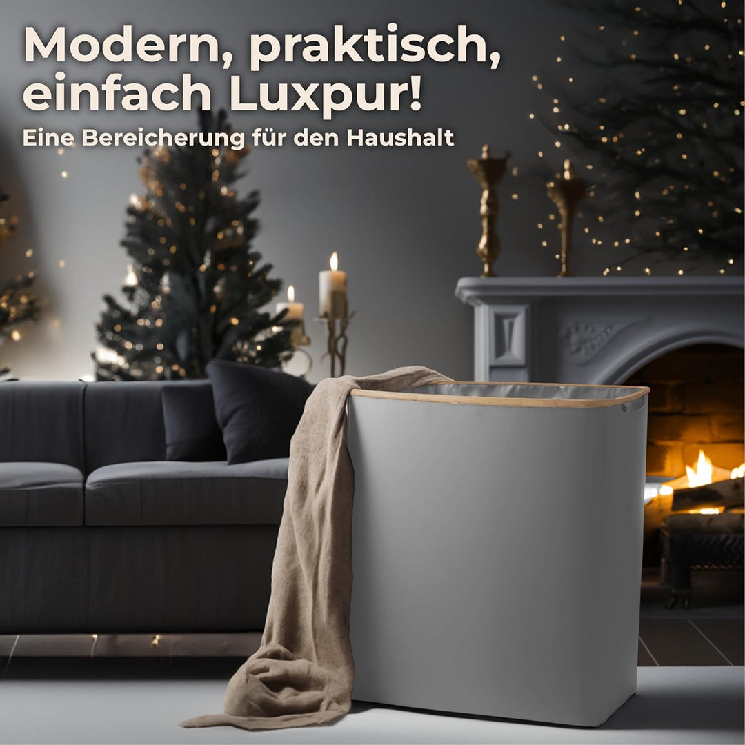 Luxpur® Wäschekorb XXL mit Deckel 3 Fächer Wäschesack Bambus Wäsche-Sortier-System Faltbare Wäschebo