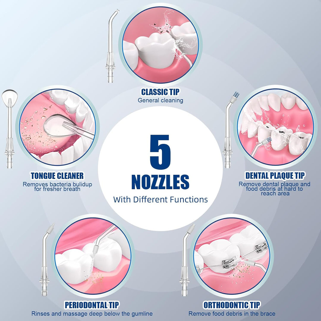 Munddusche mit 10 Einstellbaren Druckstufen, 600ml Fassungsvermögen, Oral Irrigator mit 5 multifunkt