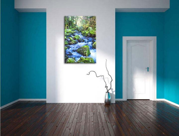 Pixxprint Wilder Bach im Wald als Leinwandbild/Grösse: 100x70 cm/Wandbild/Kunstdruck/fertig bespannt