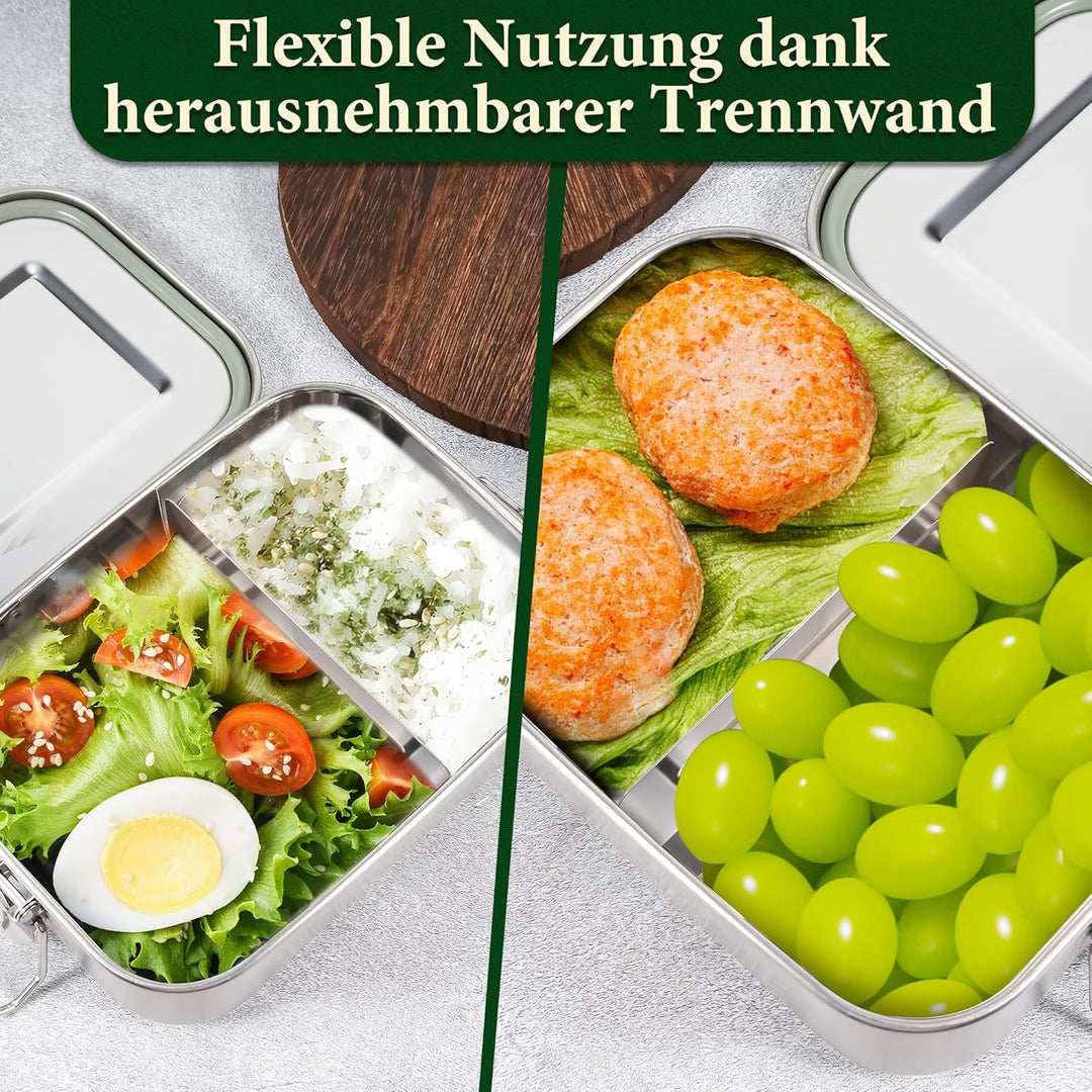 Brotdose Edelstahl 1200ml mit Fächern & Trennwand, Auslaufsichere Lunchbox für Kinder & Erwachsene,