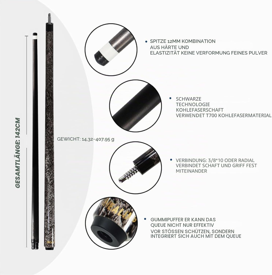 Billardqueue, Carbonfaser, 142 cm, Spitze 12 mm, Carom Billiards-Queue, professionell, mit Chalk und