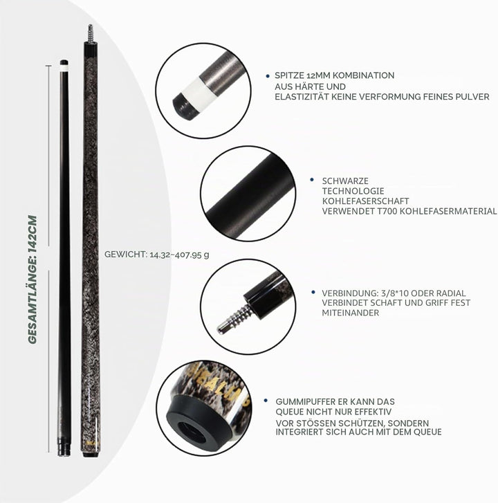 Billardqueue, Carbonfaser, 142 cm, Spitze 12 mm, Carom Billiards-Queue, professionell, mit Chalk und