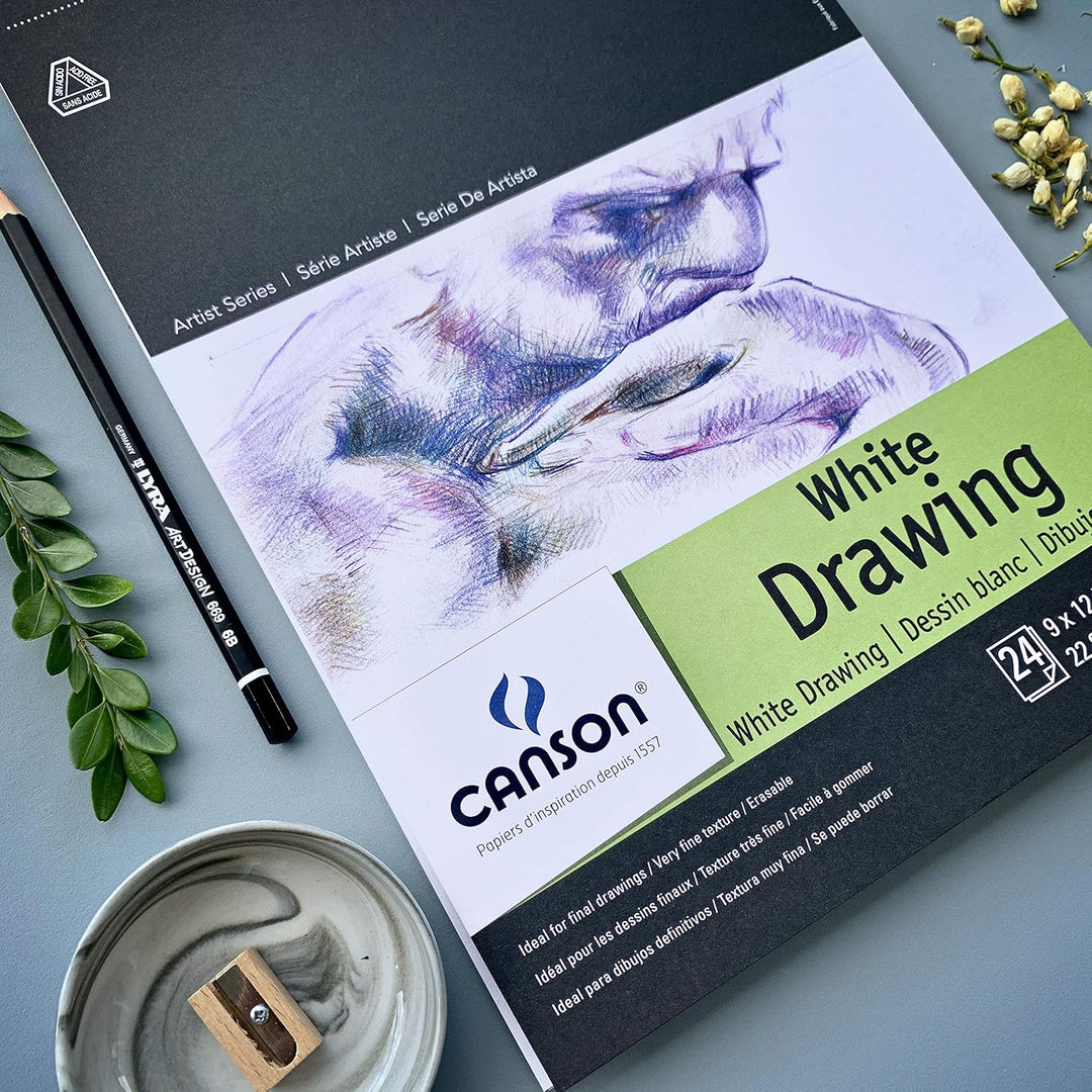 Canson Artist Series 1557 Pure White Drawing Paper Pad, Fine Texture, Top Wire Bound, 80 Pound, 9 x