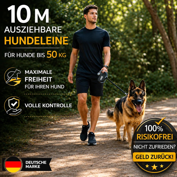 Rollleine Hundeleine 10m für grosse Hunde bis 50 kg - Ausziehbare Hundeleine 10 m mit Kotbeutel - Re