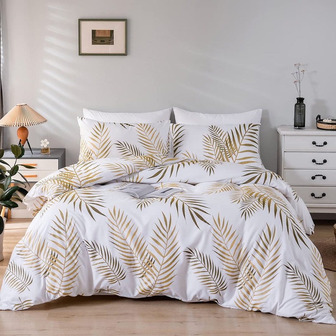 Damier Bettwäsche 155x220cm Gold Weiss Blätter Muster Deckenbezug Weiche Microfaser Bettbezug Set mi