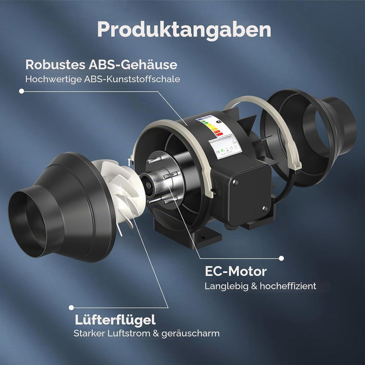 4-Zoll-Inline-Kanalventilator, 360 m³/h Luftstrom-Kanalventilator mit variabler Drehzahlregelung lei