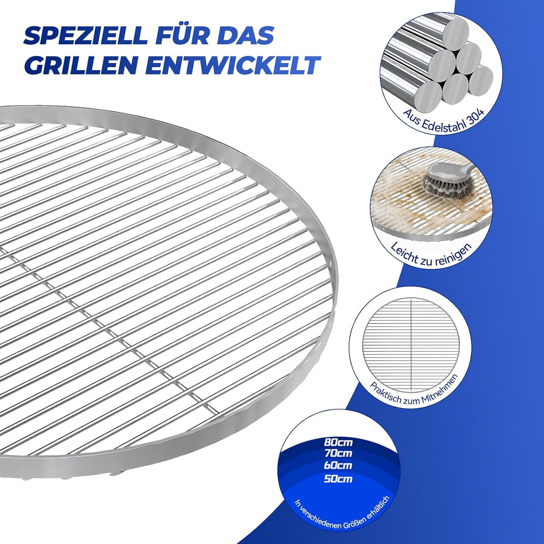 GriHero Grillrost Edelstahl Rund für Schwenkgrill, Ø 60 cm Grillgitter mit 3 Aufhängungsbohrungen fü
