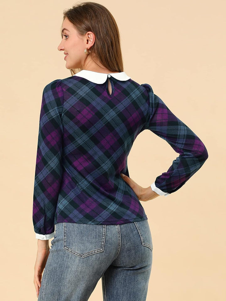 Allegra K Damen Bubikragen Bluse Oberteil Langarm Panel Elegant Kariert Shirt S Lila, S Lila