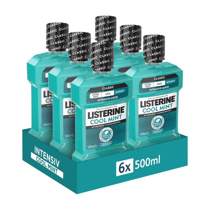 LISTERINE Cool Mint (6 x 500 ml), antibakterielle Mundspülung mit ätherischen Ölen & Minzgeschmack,
