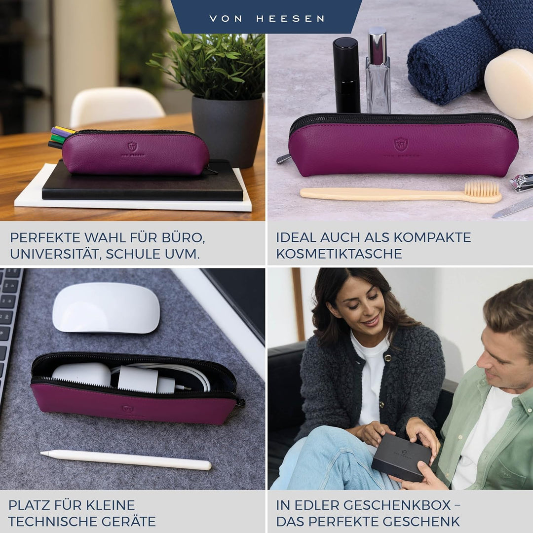 VON HEESEN® Echtleder Federmäppchen Leder Federmappe Etui für Stifte Mäppchen Schule Federtasche Uni