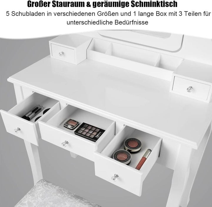 GOPLUS Schminktisch mit Spiegel und 10 LED-Birne, Kosmetiktisch mit 5 Schubladen und Organisator, Fr