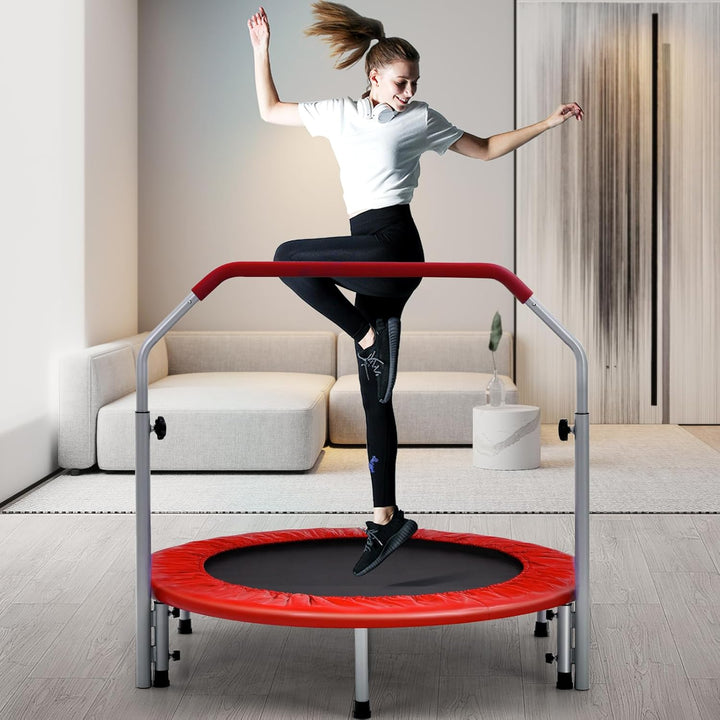 GOPLUS Fitnesstrampolin Indoor, φ101cm Mini Trampolin mit höhenverstellbarer Haltegriff, klappbares