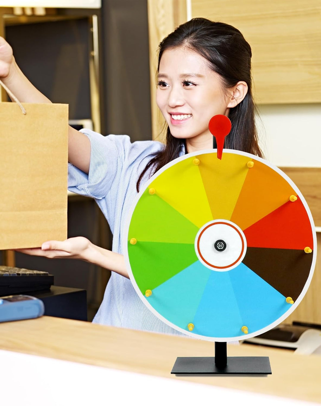 QWORK® 30cm Farbe Glücksrad mit Metallständer, Tischplatte Rouletterad 10 Slots zum Reinigen Abwisch