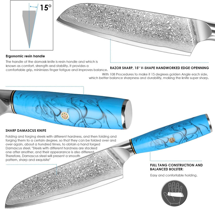 Home Safety Damast Messerset 3STK, Damast Kochmesser Set Filetiermesserset aus 67 Lagen Vg-10 Damast