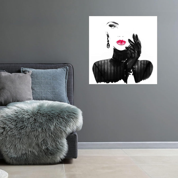 wandmotiv24 Poster als Wanddeko, Grösse 50x50cm, Model Gemälde, Rot, Fashion, Frau, Frauen Lippen, M