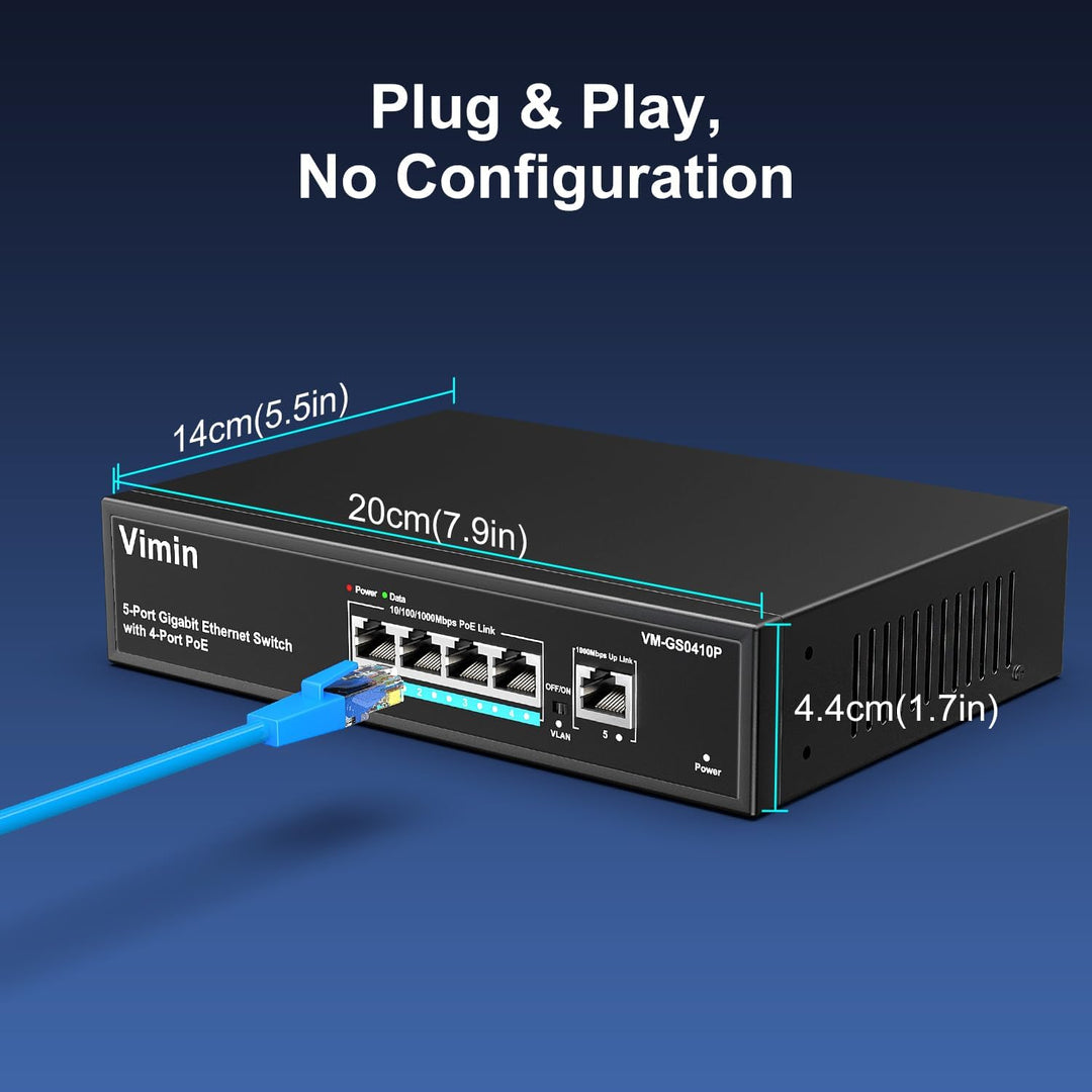 VIMIN 4-Port Gigabit PoE Switch mit 1 Uplink Gigabit Port, 5-Port Unmanaged Ethernet PoE Switch mit