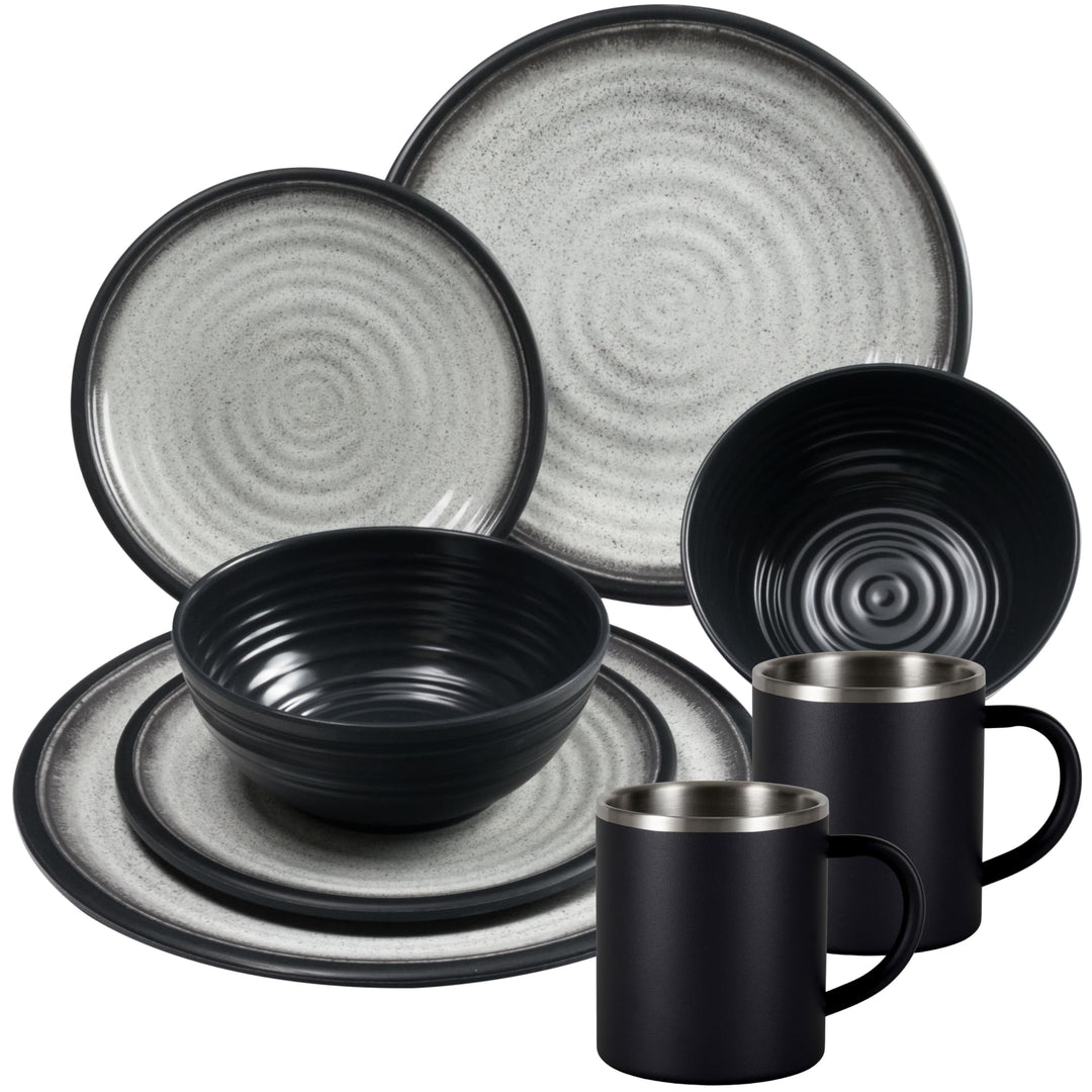 Melamin Geschirr Set Grau Schwarz Edelstahl Thermo Tassen Tonoptik Camping 2 Personen - Edelstahltas