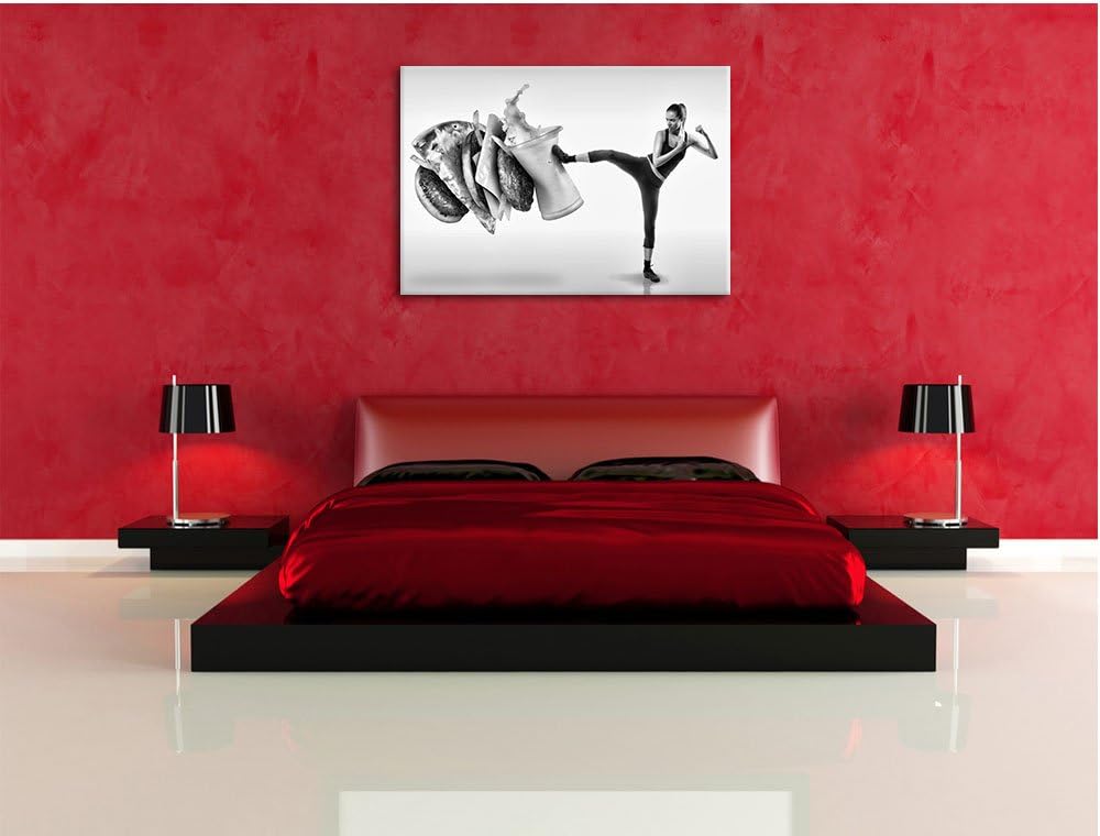 Pixxprint Starke Frau kickt gegen Fastfood / 100x70cm Leinwandbild bespannt auf Holzrahmen/Wandbild