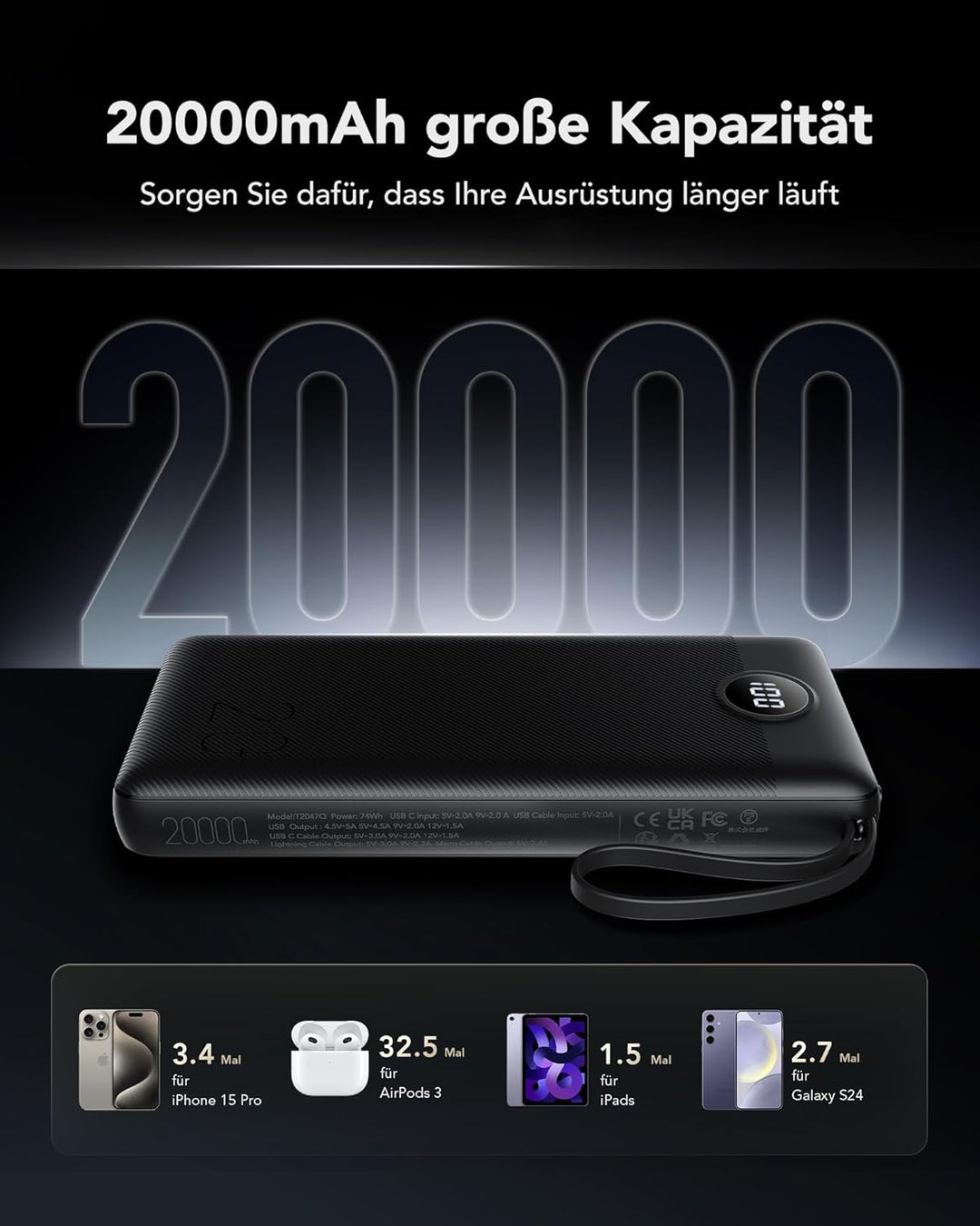 VRURC Powerbank 20000mAh mit integriertes Ladekabel 20W PD QC 3.0 Schnelles Aufladen Tragbares Ladeg