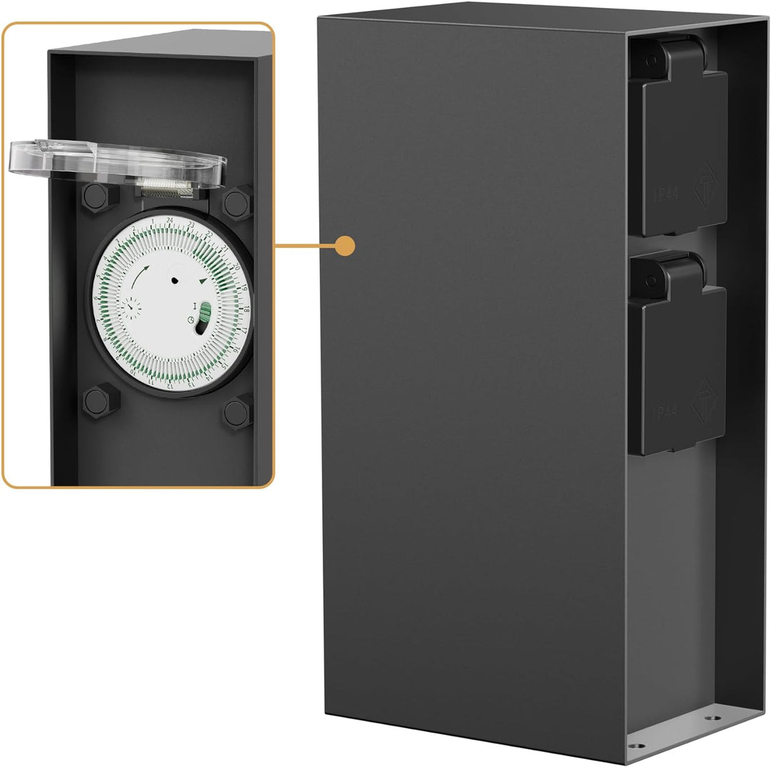 ledscom.de Garten Steckdosensäule POMI für aussen, IP44, Timer/Zeitschaltuhr, 2-Fach, anthrazit, eck