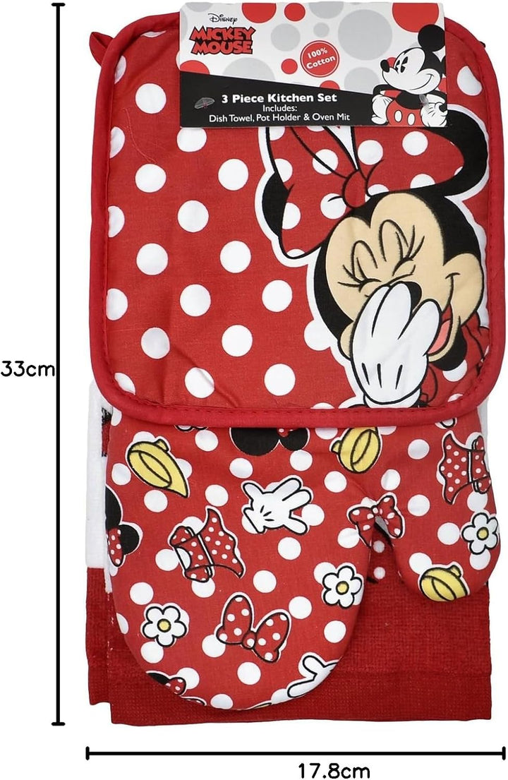 Disney Oven Mitt Pot Holder & Dish Towel 3 pc Kitchen Set (Minnie Mouse Red) Rot, Rot