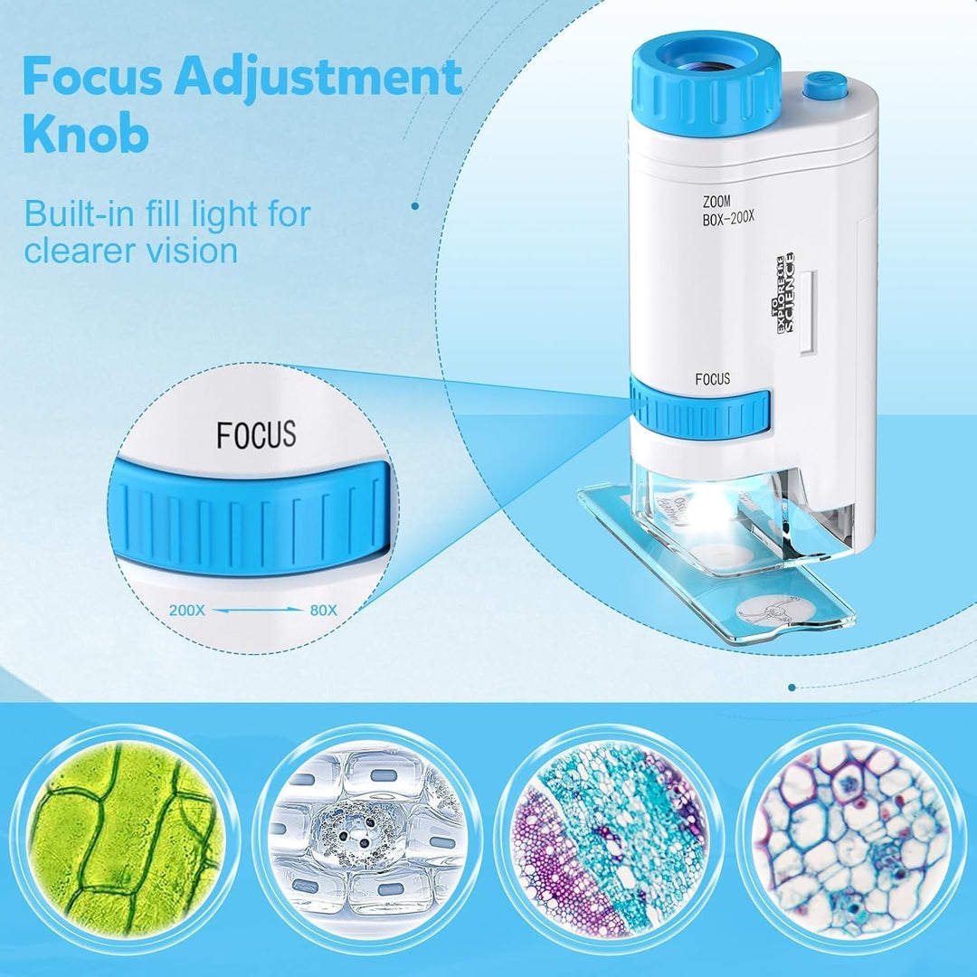 80x-200x Taschenmikroskop Kinder, LED Mikroskop für Kinder mit 12 Objektträgern LED-Licht Microscope