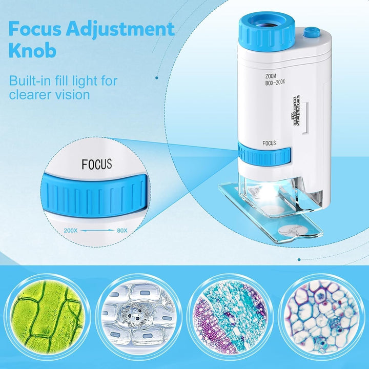 80x-200x Taschenmikroskop Kinder, LED Mikroskop für Kinder mit 12 Objektträgern LED-Licht Microscope