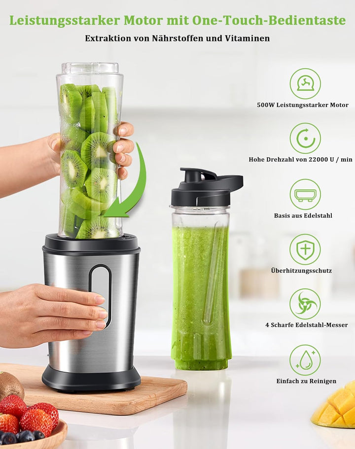 Mixer, Smoothie Maker, 500W Standmixer Mini Mixer Smoothie Maker mit 2x600ml Smoothie Flaschen BPA f