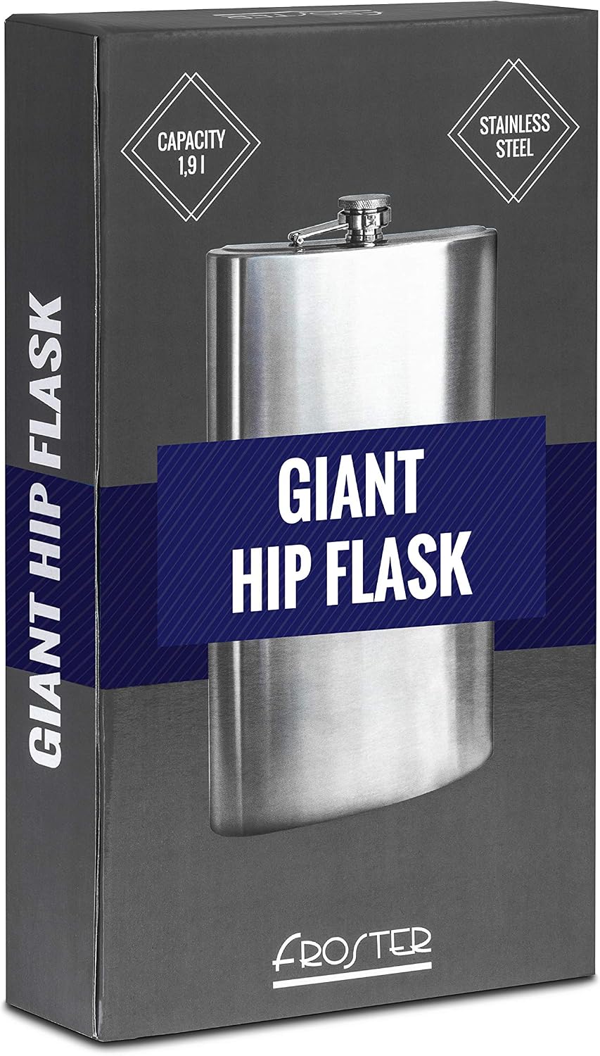 Froster Riesiger Flachmann – Thirst Aid, Grosser Flachmann aus Edelstahl XXL, 1.9 Liter, Geschenk fü