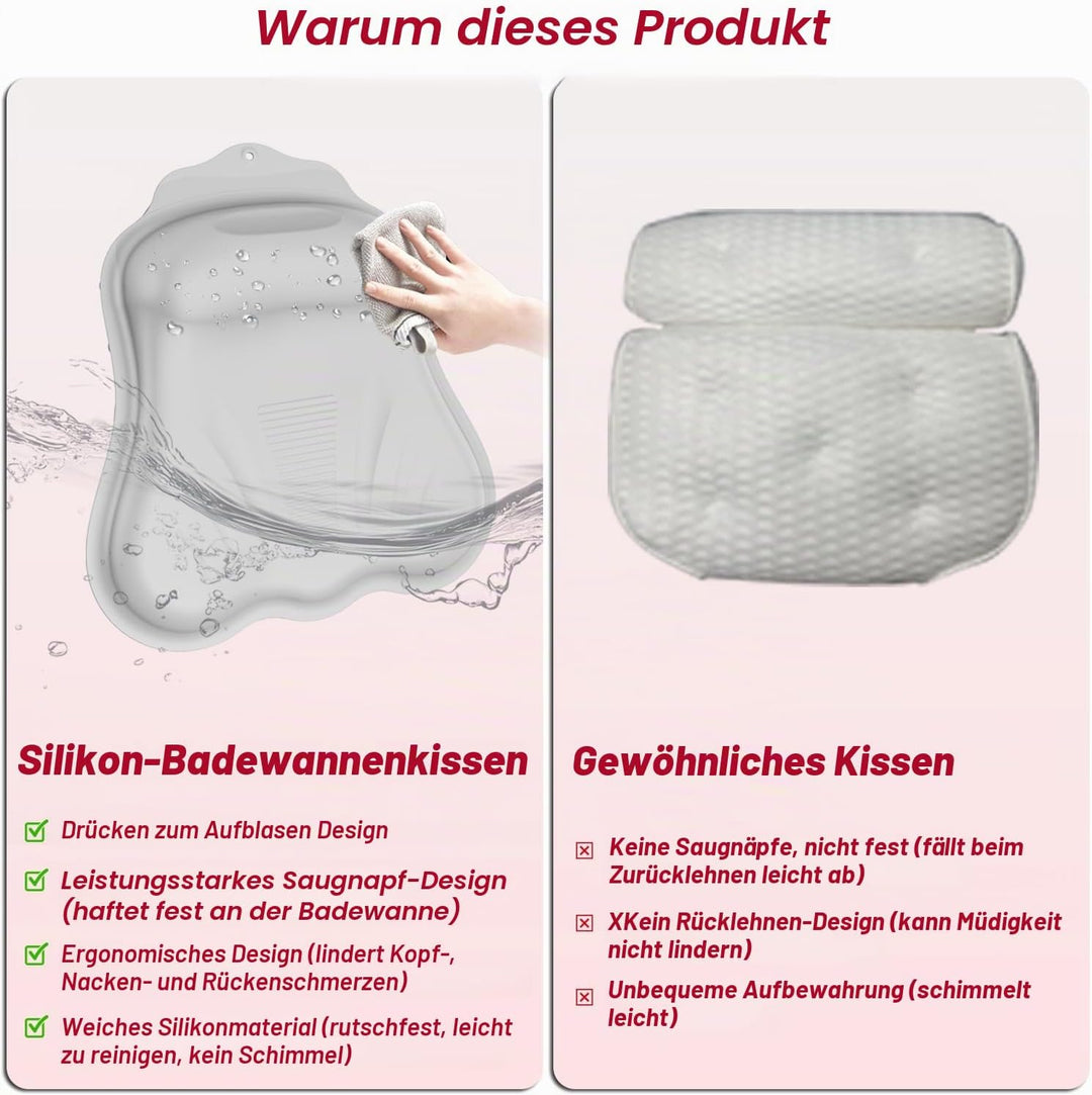 Silikon Badewannenkissen, Mit druckbarem Luftkissen, 32 kraftvolle Saugnäpfe,Weiches und Komfortable