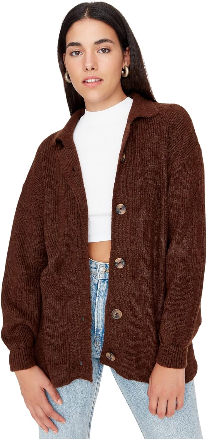 TRENDYOL Damen Hemdkragen Einfarbig Oversize Cardigan Pullover L Braun, L Braun