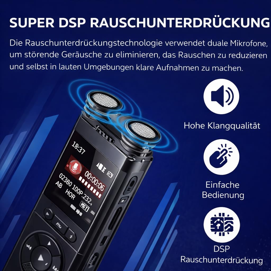 CleverTalk Diktiergerät Professionell 128GB – HD Audio PCM 1536kbps – Sprachaktivierung – Doppelmikr