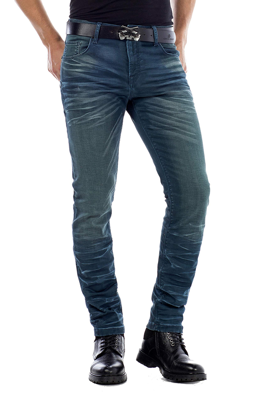 Cipo & Baxx Herren Jeans Hose 5 Pocket Design Straight Vintage Denim Slim Fit Hose, Grün