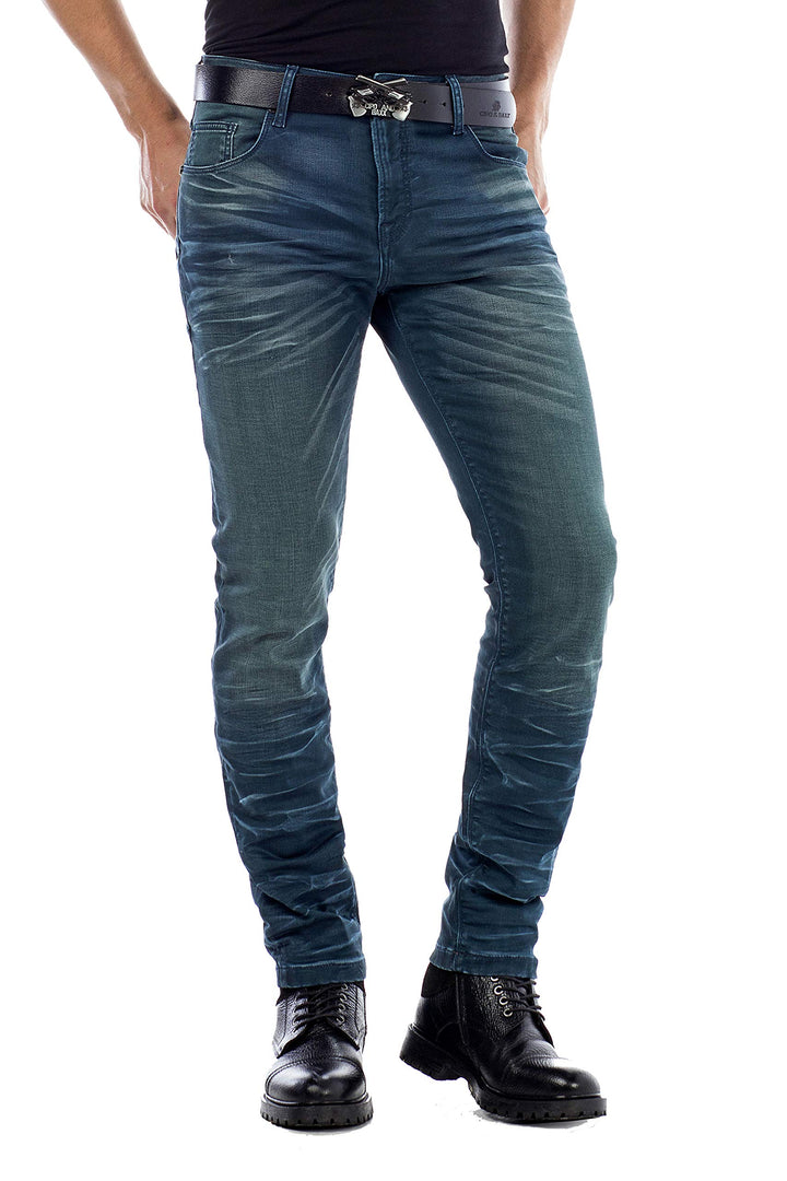 Cipo & Baxx Herren Jeans Hose 5 Pocket Design Straight Vintage Denim Slim Fit Hose, Grün