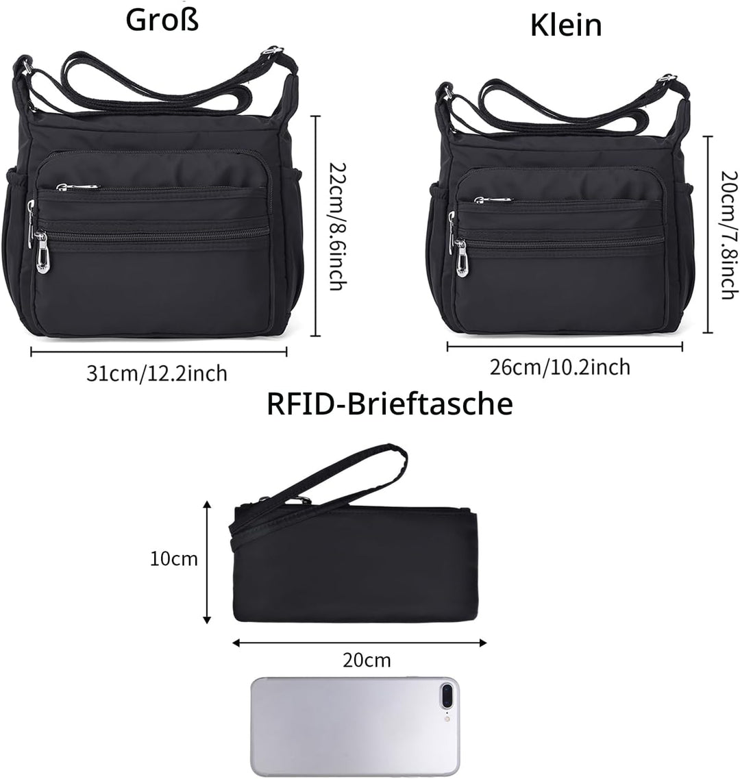 NOTAG Umhängetasche Damen, Wasserdicht Nylon Schultertasche Mehrfachtasche Handtasche mit RFID Geldb