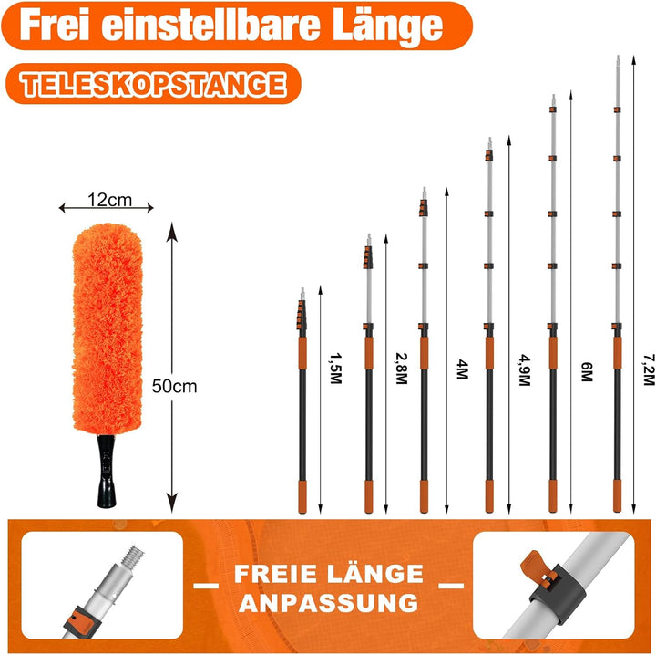 SISUPASSIE 7,2m Staubwedel Teleskop, Spinnenwebenentferner waschbar, Fensterputzer mit Teleskopstang