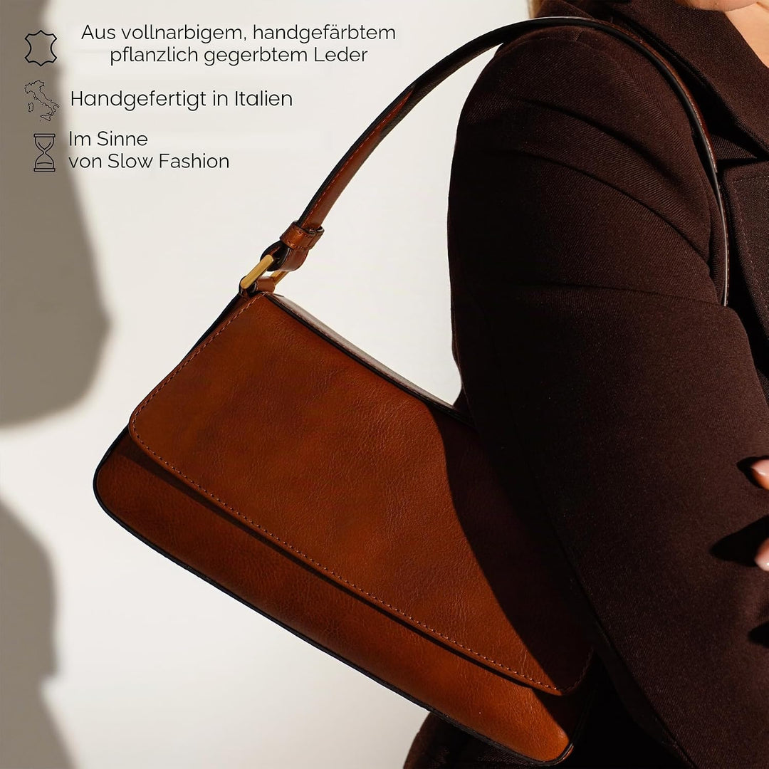 Time Resistance Lederhandtasche - Geldbörse aus Vollnarbenleder für Damen - Umhängetasche Cognac-bra